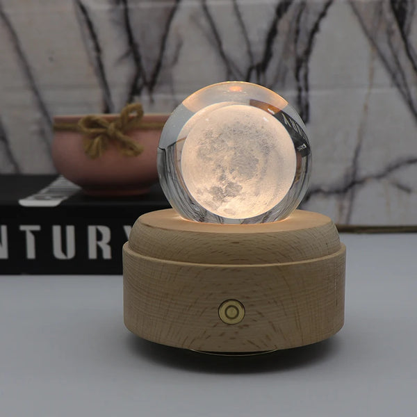 Popular Design USB Moon Lamp 3D Crystal Ball Night Light Wooden 3D Lamp Touch Switch Led