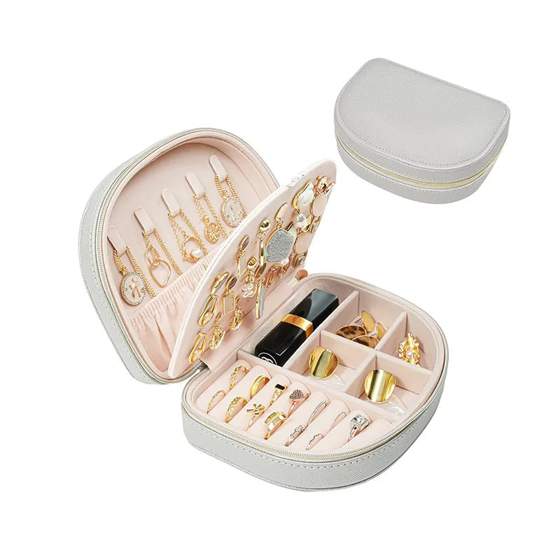 X133 Portable Travel Jewelry Box-Small 2-Layer Oval Jewelry Organizer with Zipper