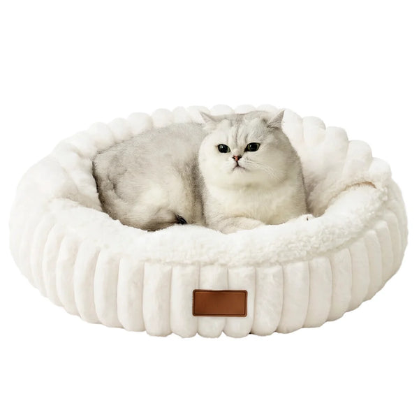 Cat & Small Dog Hooded Faux Fur Anti-Anxiety Pet Bed Donut Shape Machine Washable