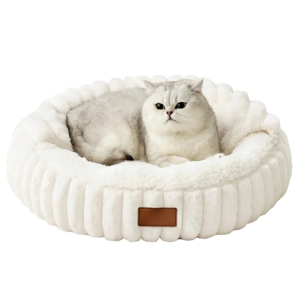 Hooded Faux Fur Donut Pet Bed for Cats and Small Dogs, Machine Washable