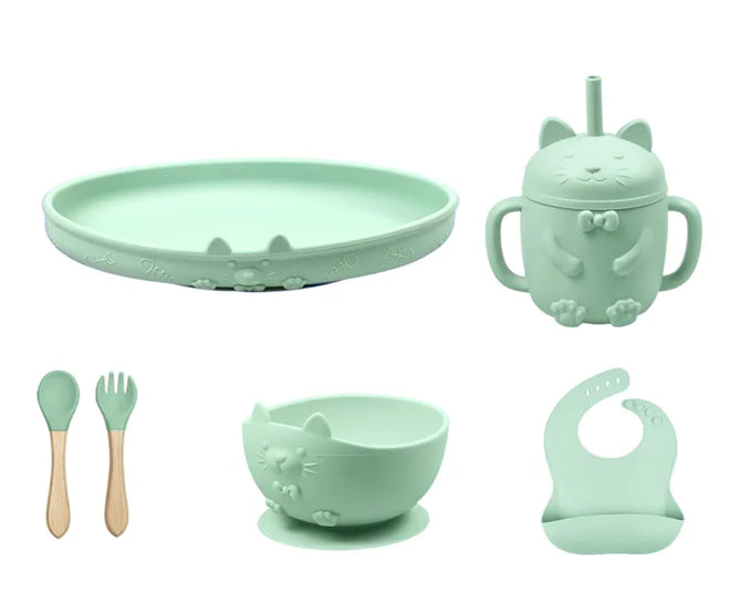 Food Grade Silicone Baby Feeding Set With Cup Bowl Plate Bib Spoon and Fork Easy Clean