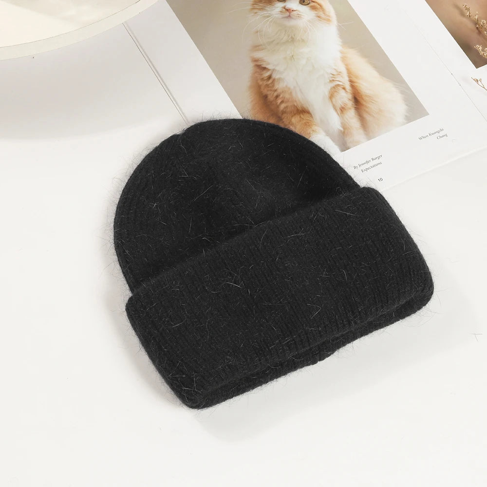 Knit Beanie Hat Real Angora Rabbit Fur Slouchy Skull Cap Winter Warm Stocking Hats
