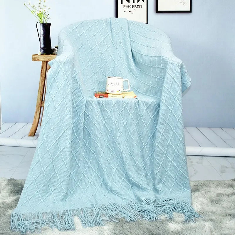 Chunky Knitted Blanket Sofa Throw Blanket With Tassels Weighted Blanket for Winter
