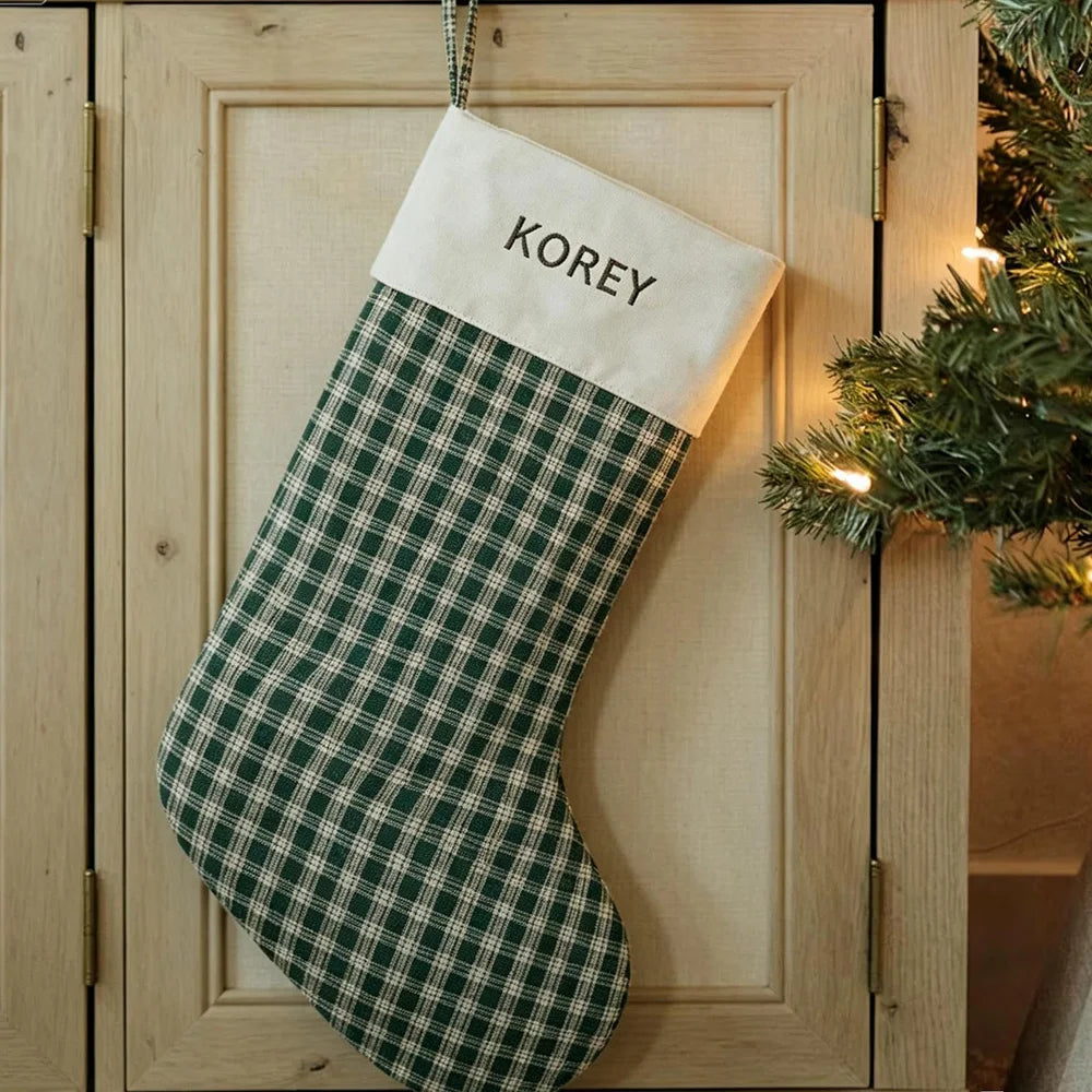 Custom Gingham Cotton Christmas Stocking With Personalized Name Embroidery for Family