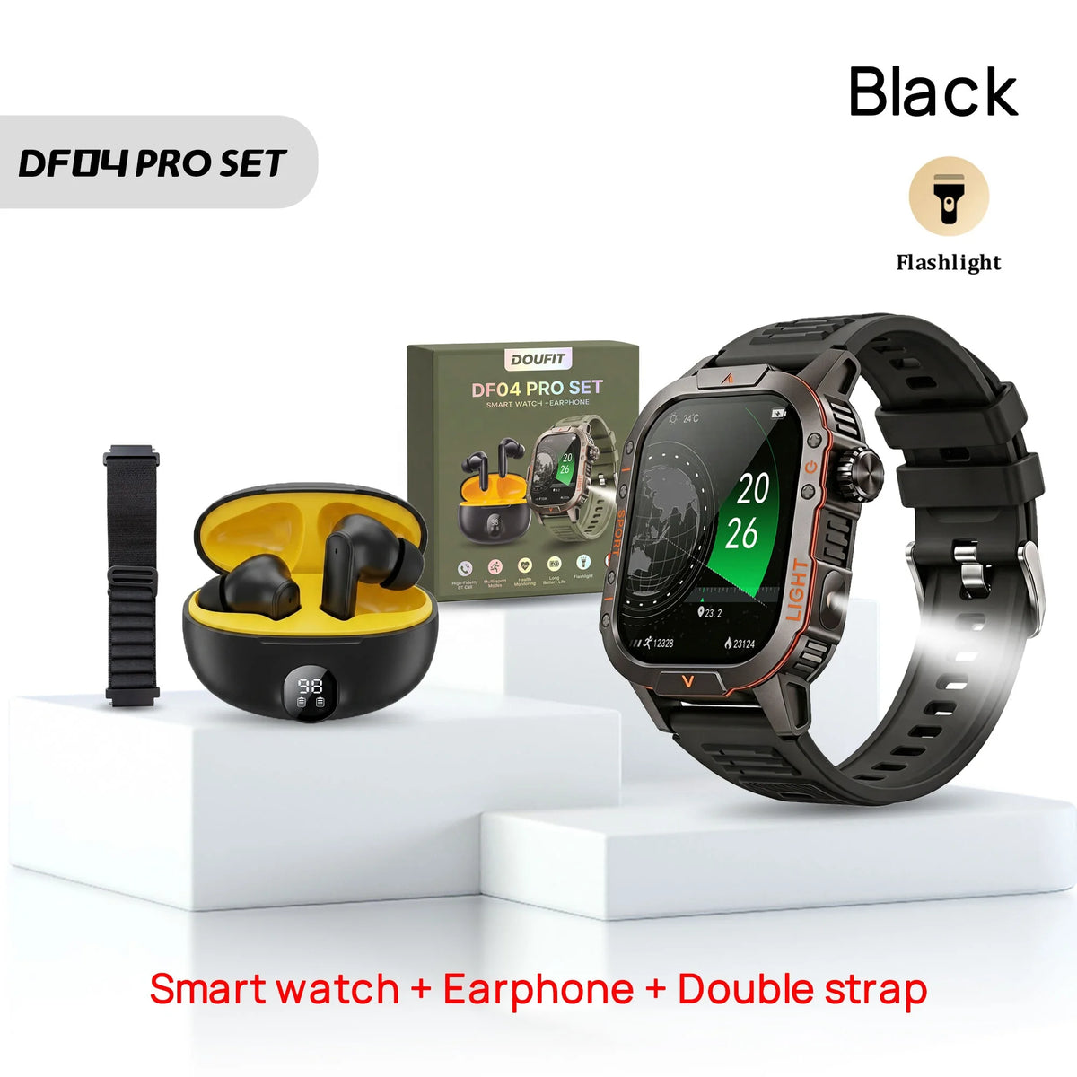 DF04 PRO Smart Watch Rugged SET Reloj Inteligente Dual Straps Outdoor Sport Flashlight