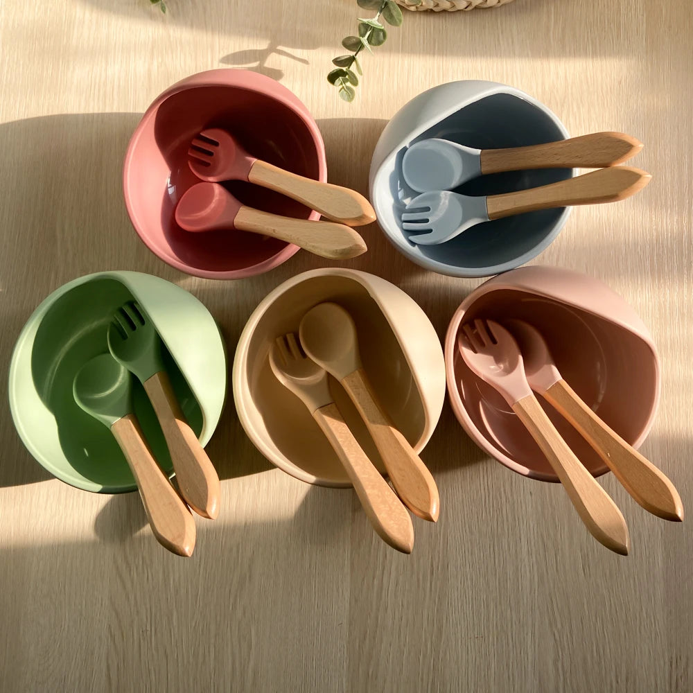 10 Soft Silicone Baby Feeding Equipment Set Spoon Fork Printed Pattern Comfortable