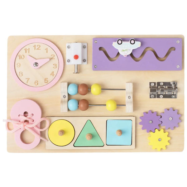 Wooden Busy Board, Montessori-Style Sensory Activity Toy for Babies