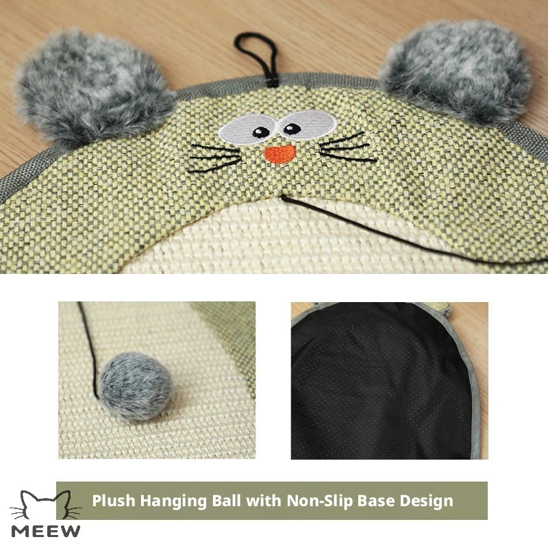 Cartoon Cat Shaped Sisal Cat Scratcher Mat Hanging Wall Mounted Cat Scratch Pad Natural