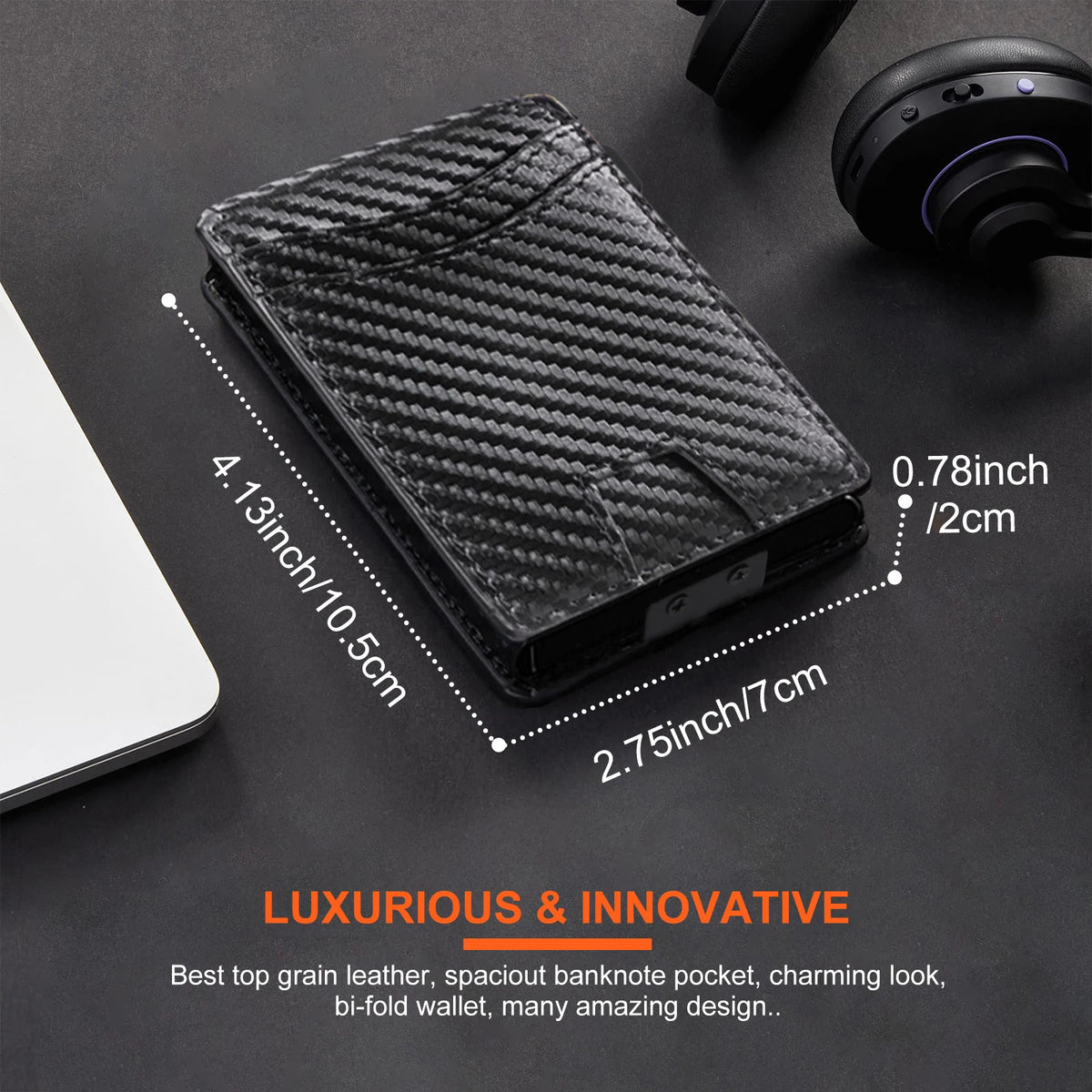 Minimalist Carbon Fiber Leather Card Holder Wallet with Metal Money Clip Slim Metal