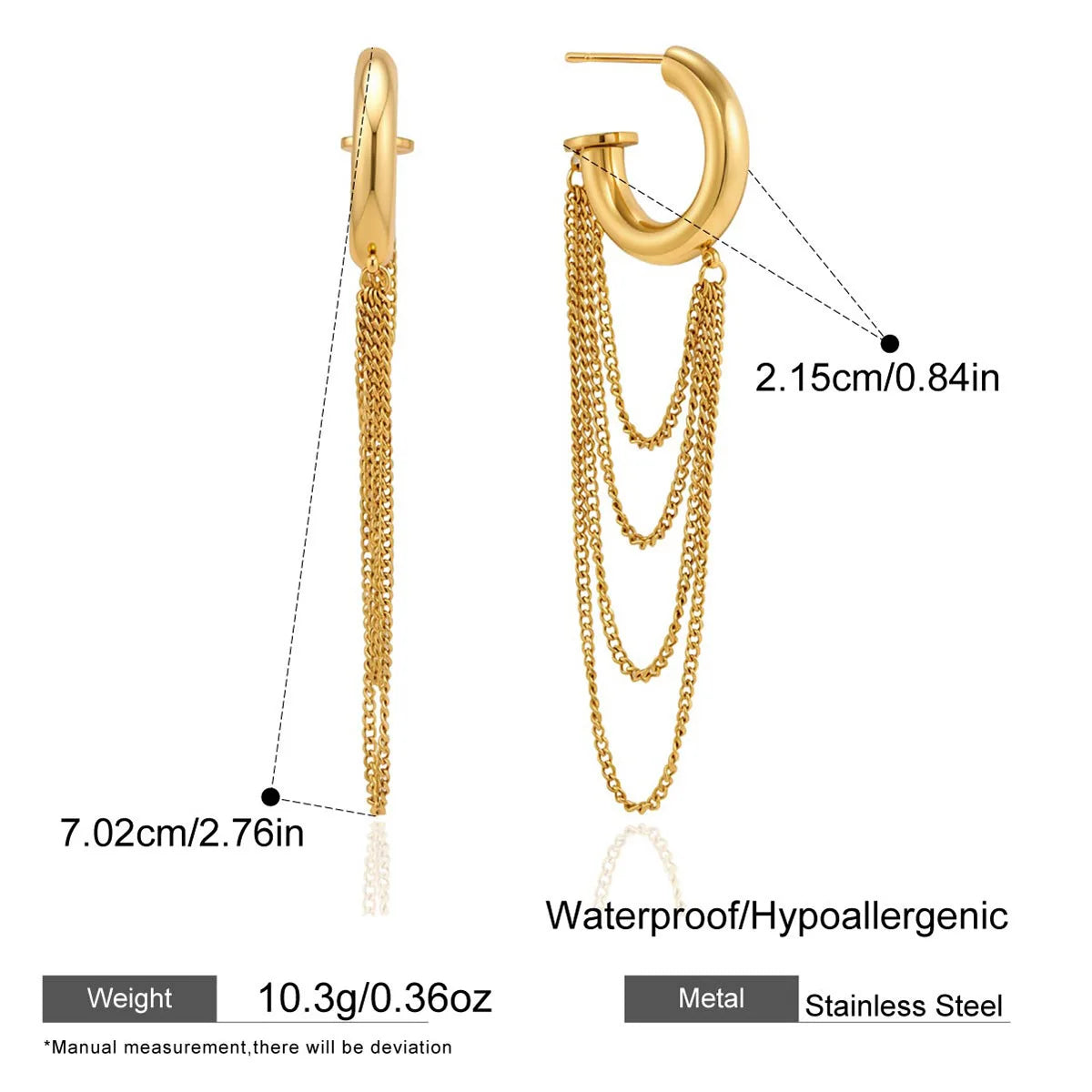 Minimalist 18k Gold Plated Stainless Steel Chain Tassel Huggie Hoops Stud Earrings