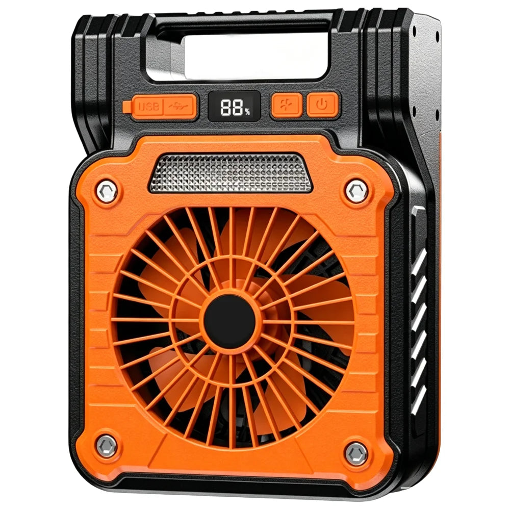 LED Camping Light Fan, Solar USB Portable Strong Wind, Digital Power Display Foldable