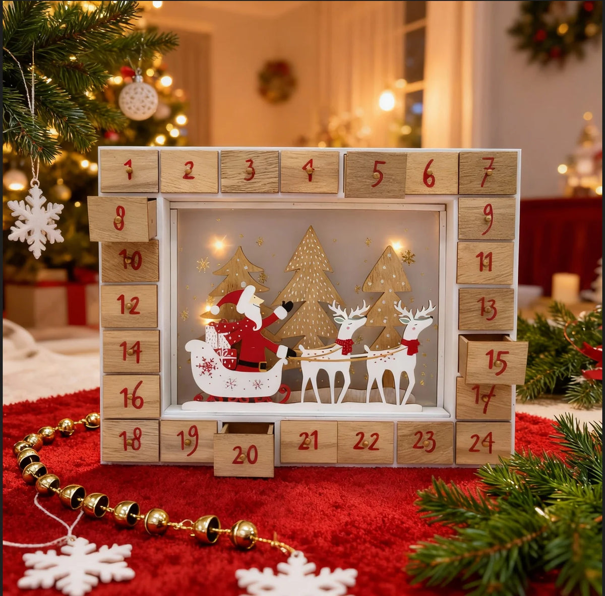 Handcrafted Wooden Christmas Countdown Advent Calendar Box LED Lighting Santa Reindeer