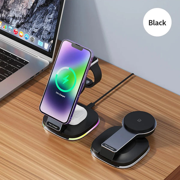 Ultra Portable 15W Foldable Wireless Charger 3-in-1 Charging Station for iPhone
