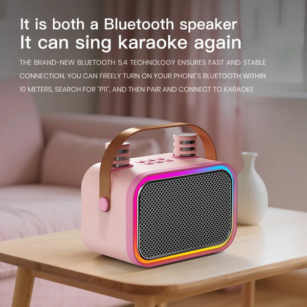 Mini Portable Bluetooth Wireless Karaoke Speaker 2 Mic with RGB Led Lights Voice Changer
