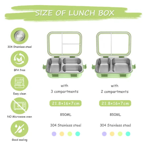 Microwave Safe Bento Box School Kid Portable Lunch Box Stainless Steel 3 Compartment Food