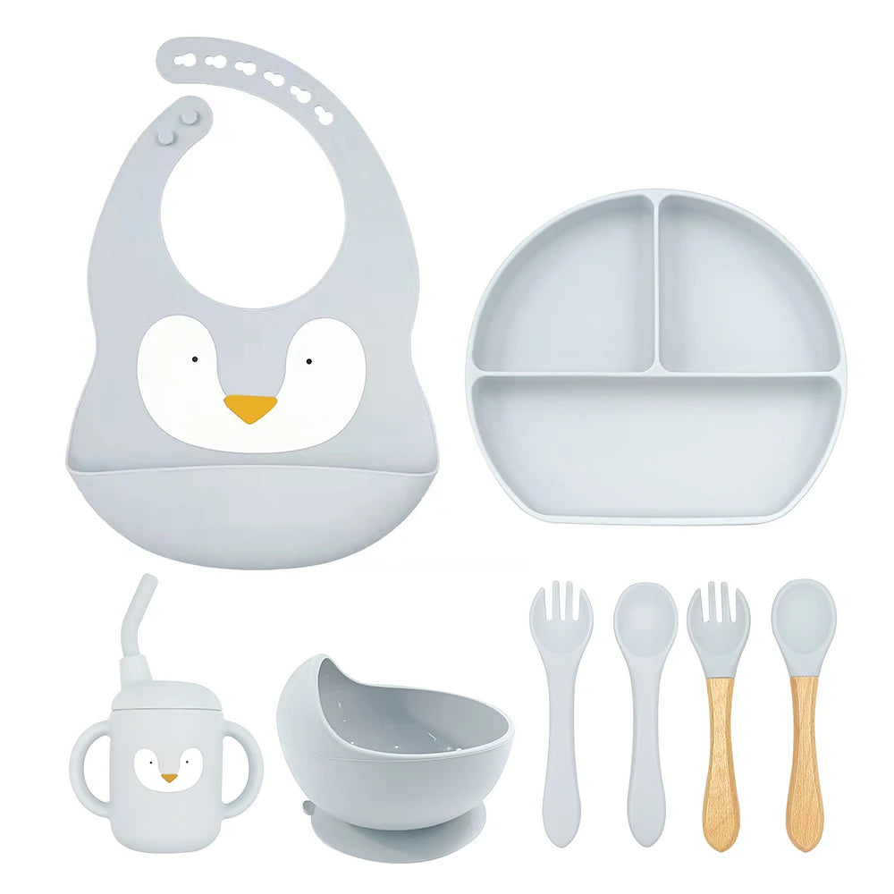 8pc Bebe Silicone Feeding Set Toddler Weaning Set Suction Bottom Infant Dining Tableware