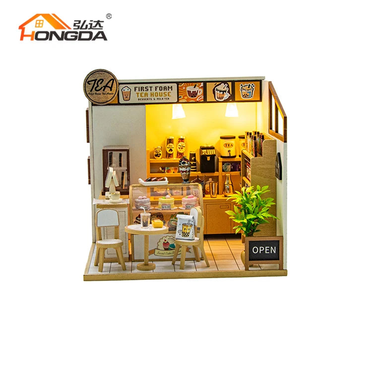 Hongda M2505 First Foam Tea House Dollhouse Kit Miniature Diy Doll House Wooden Dollhouse