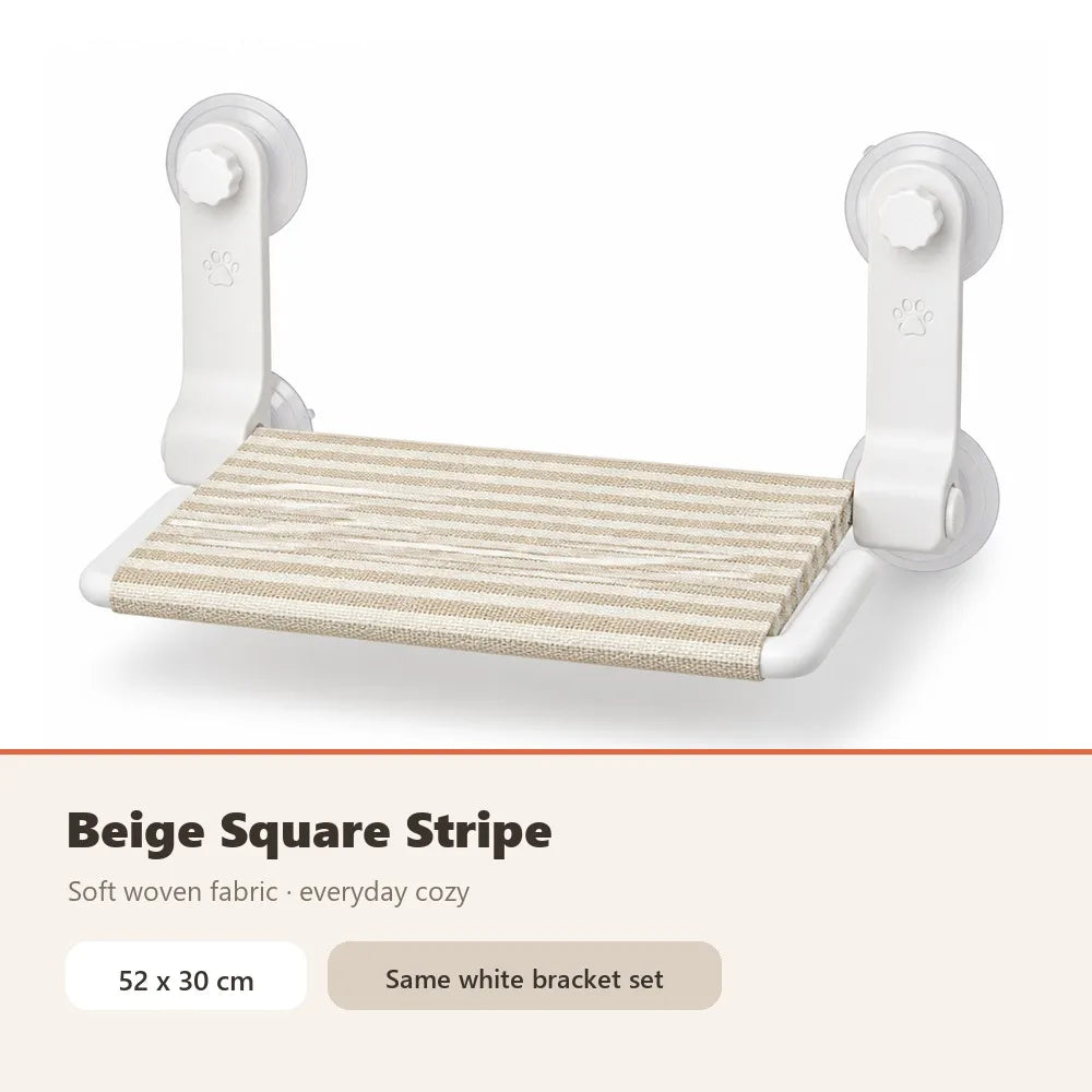 Beige Square Stripe Cat Window Hammock with 4 Large Suction Cups Heavy Duty Plush