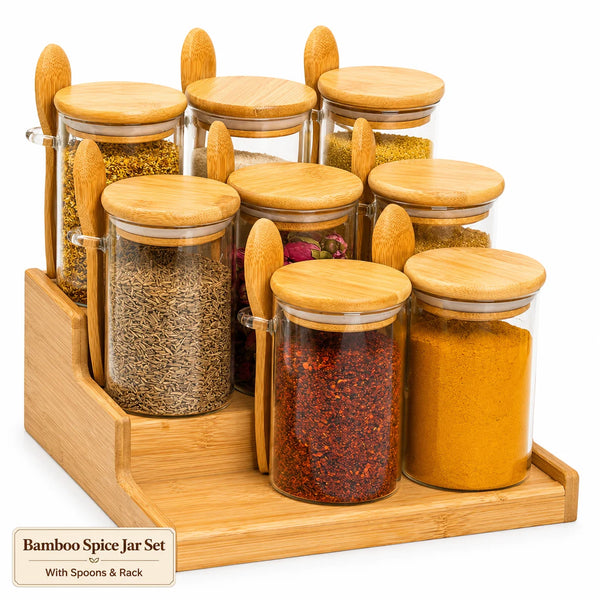 8 Piece Glass Spice Jar Set with Bamboo Lids Spoons and 2 Tier Organizer Rack for Kitchen