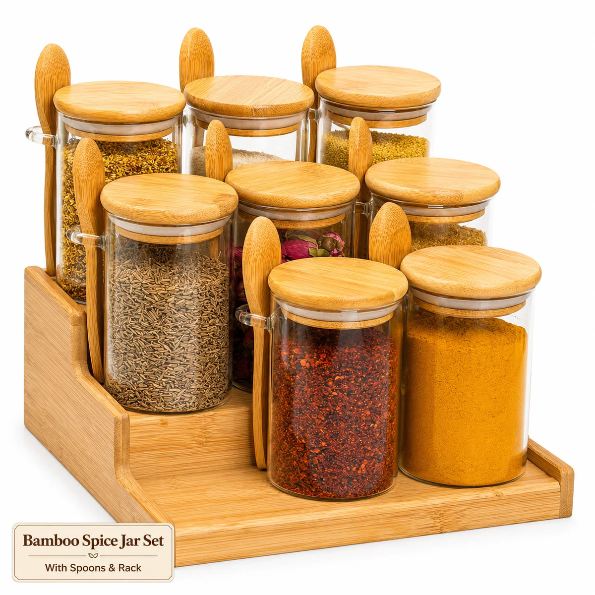 8 Piece Glass Spice Jar Set with Bamboo Lids Spoons and 2 Tier Organizer Rack for Kitchen