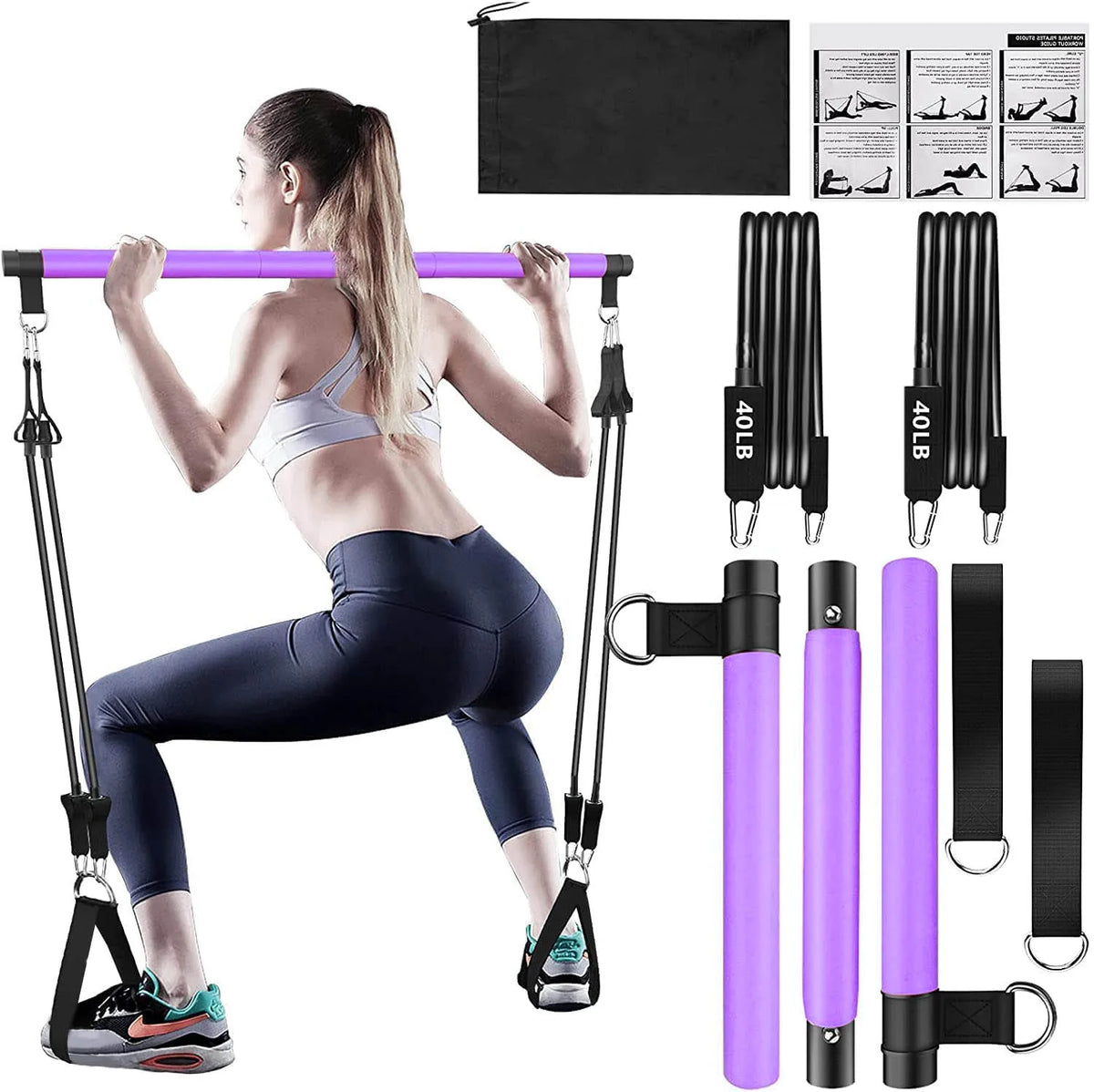 Home Portable 3 Sections Pilates Bar Kit with Resistance Bands for Men and Women Home Gym