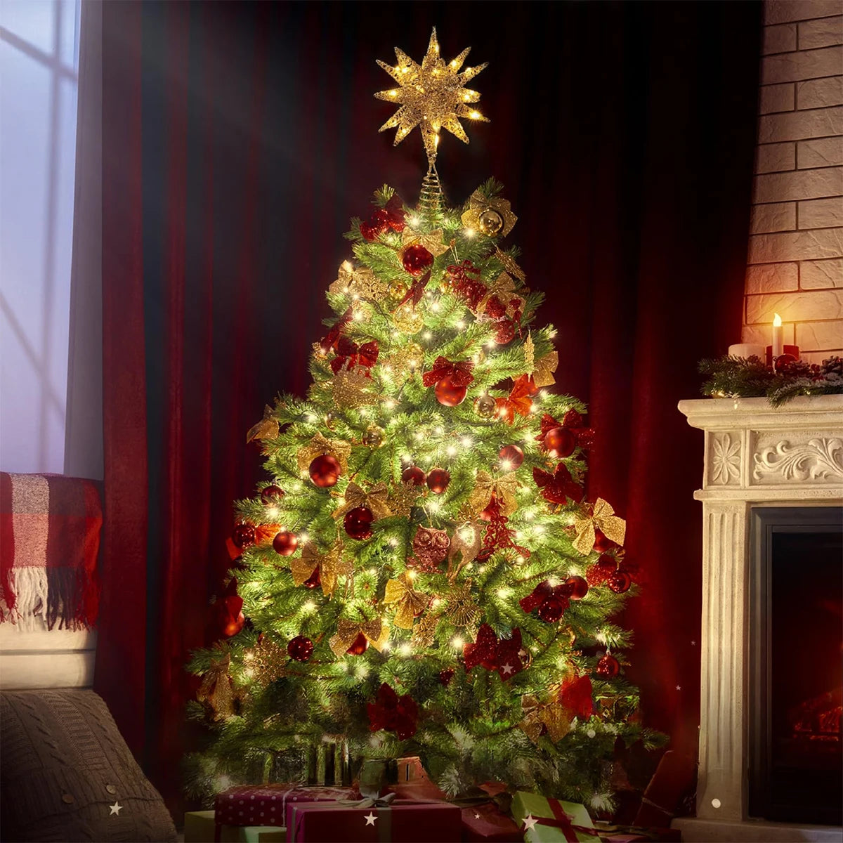 Silver LED Christmas Tree Topper Star Glitter Iron Tree Top Star Decoration