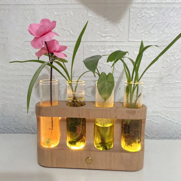 Wooden Hydroponic Planter with LED Light 4 Glass Test Tube Vase Desktop Plant Propagation