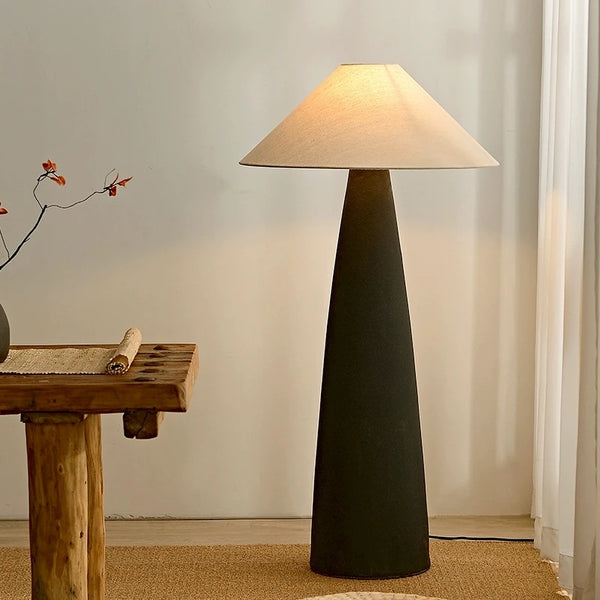 Wabi-Sabi Minimalist Tapered LED Floor Lamp, Black Matte Base Beige Linen Cone Shade