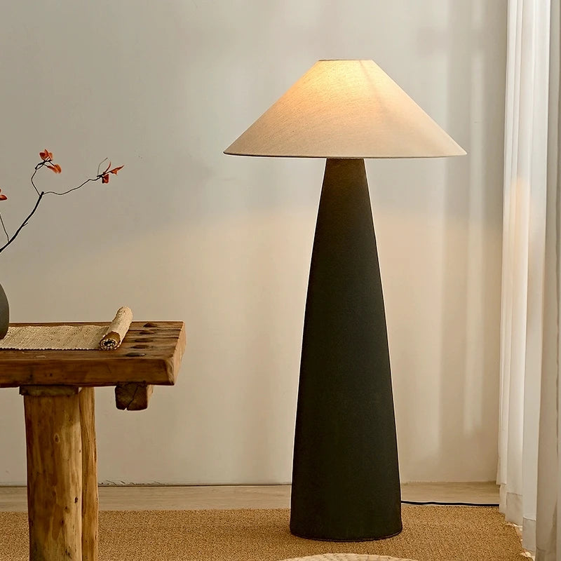 Wabi-Sabi Minimalist Tapered LED Floor Lamp, Black Matte Base Beige Linen Cone Shade