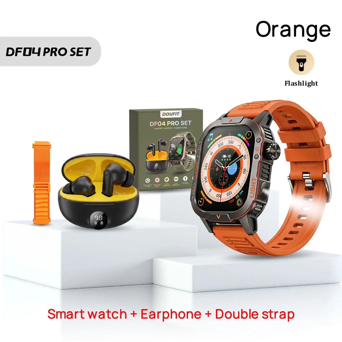DF04 PRO Smart Watch Rugged SET Reloj Inteligente Dual Straps Outdoor Sport Flashlight