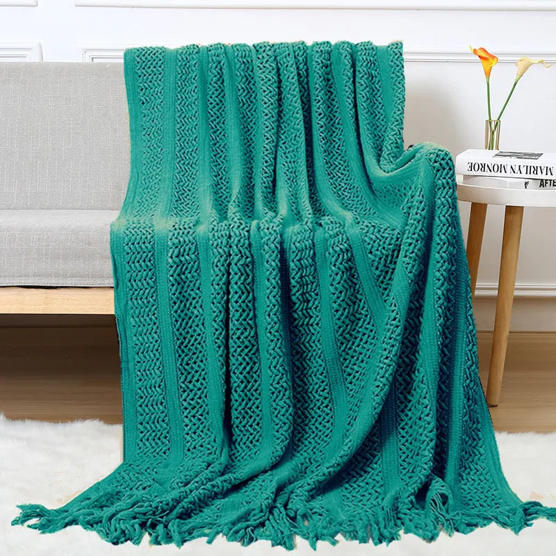 Chunky Knitted Blanket Sofa Throw Blanket With Tassels Weighted Blanket for Winter