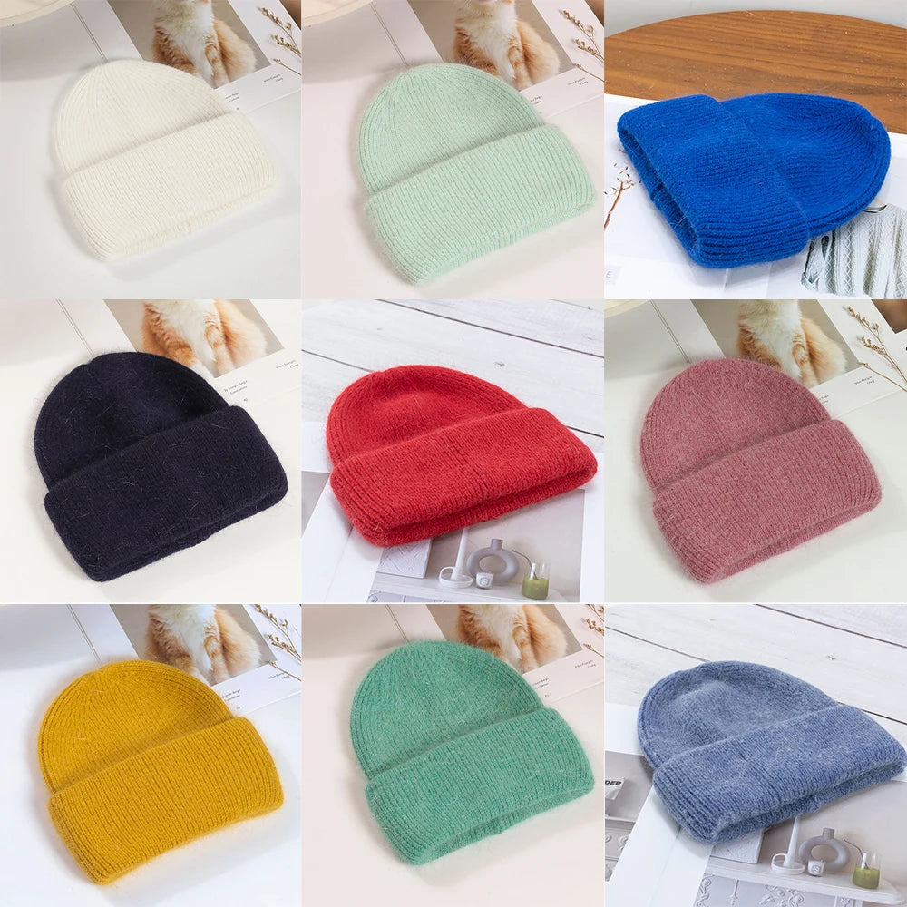 Knit Beanie Hat Real Angora Rabbit Fur Slouchy Skull Cap Winter Warm Stocking Hats