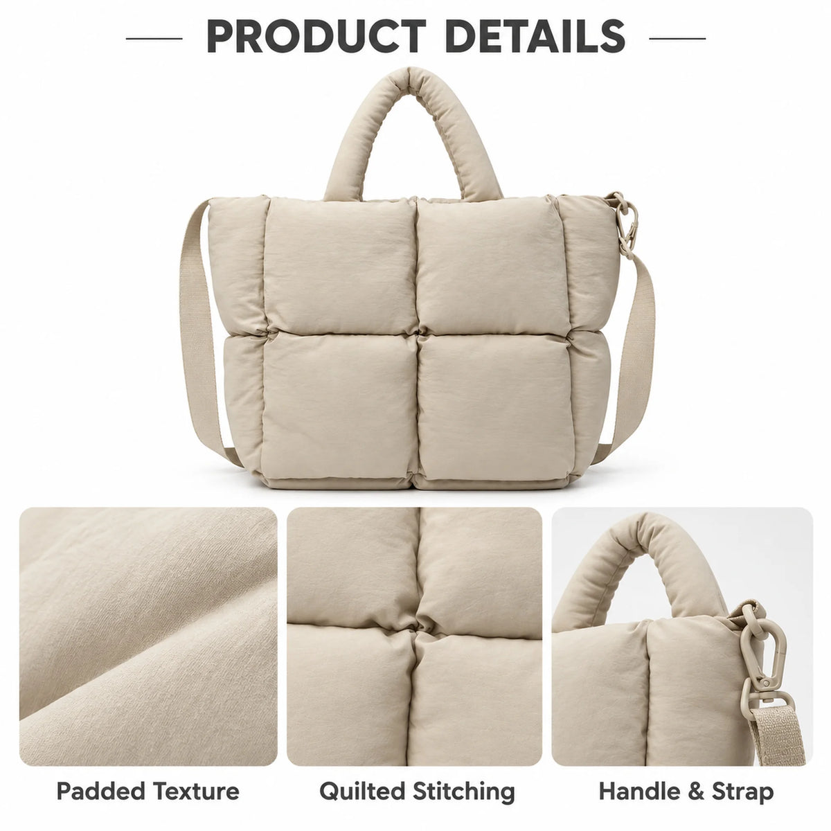 Custom Quilted Puffer Tote Bag Solid Color Water Resistant Large Capacity Shoulder Zipper