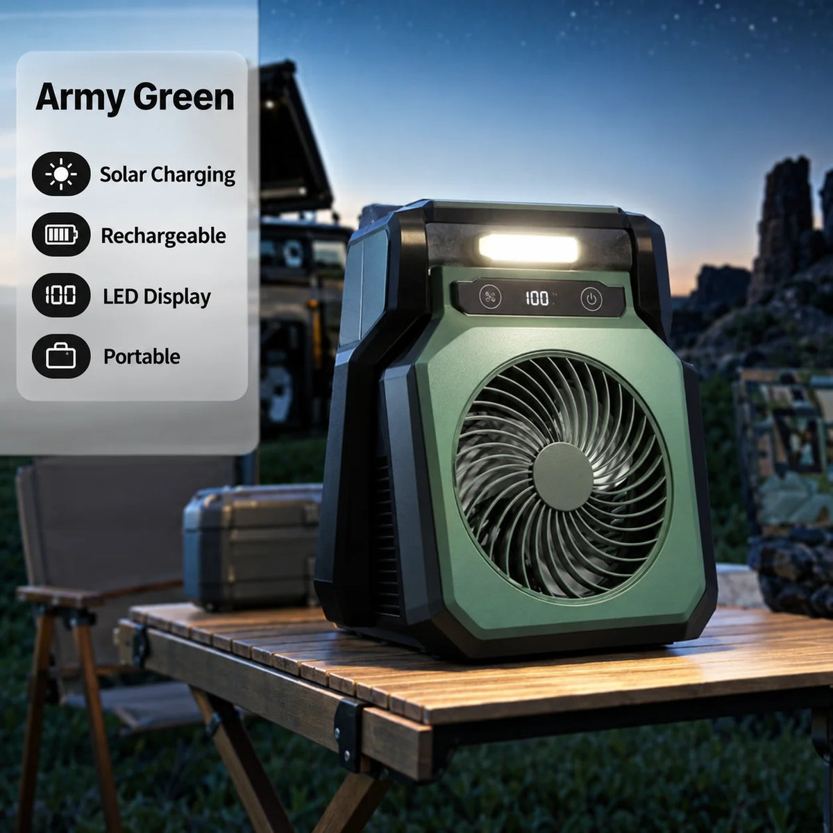 MoonlitGlow Custom Solar Rechargeable Camping Fan LED Light 3-Speed Control Dual-Core