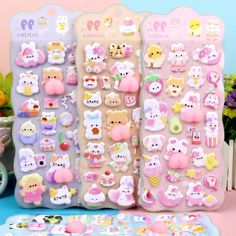 Cartoon Animal Decals Phone Decorative Cut Adhesive Soft Puffy Cute Pinching Fun (Pack of 3)