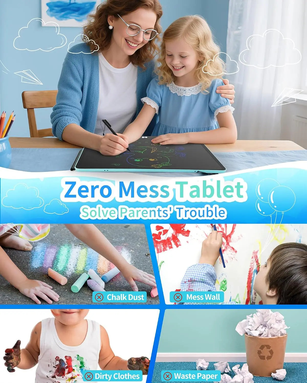 Rechargeable 16-Inch LCD Writing Tablet for Kids-Erasable Memo Pads Customizable 1 Year