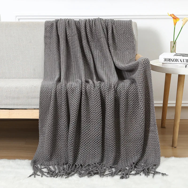 Chunky Knitted Blanket Sofa Throw Blanket With Tassels Weighted Blanket for Winter