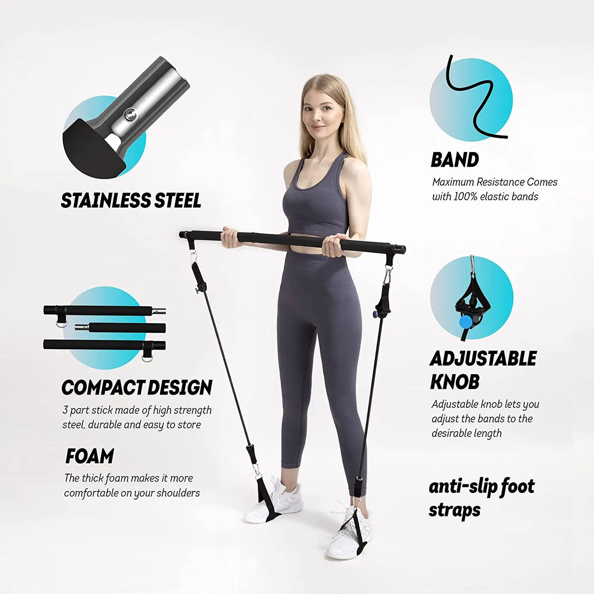 Pilates Bar Kit with Resistance Bands, Workout for Whole Body,Exercise Fitness Equipment