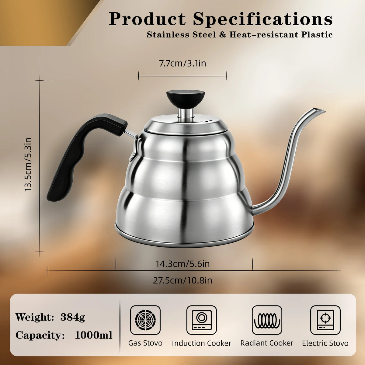 1000ml 304 Stainless Steel Gooseneck Pour Over Coffee Kettle Barista Drip Tea Pot