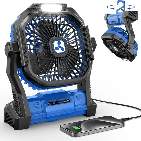 Portable Rechargeable Camping Fan with LED Light Brushless Motor 4 Speed USB Power Fan