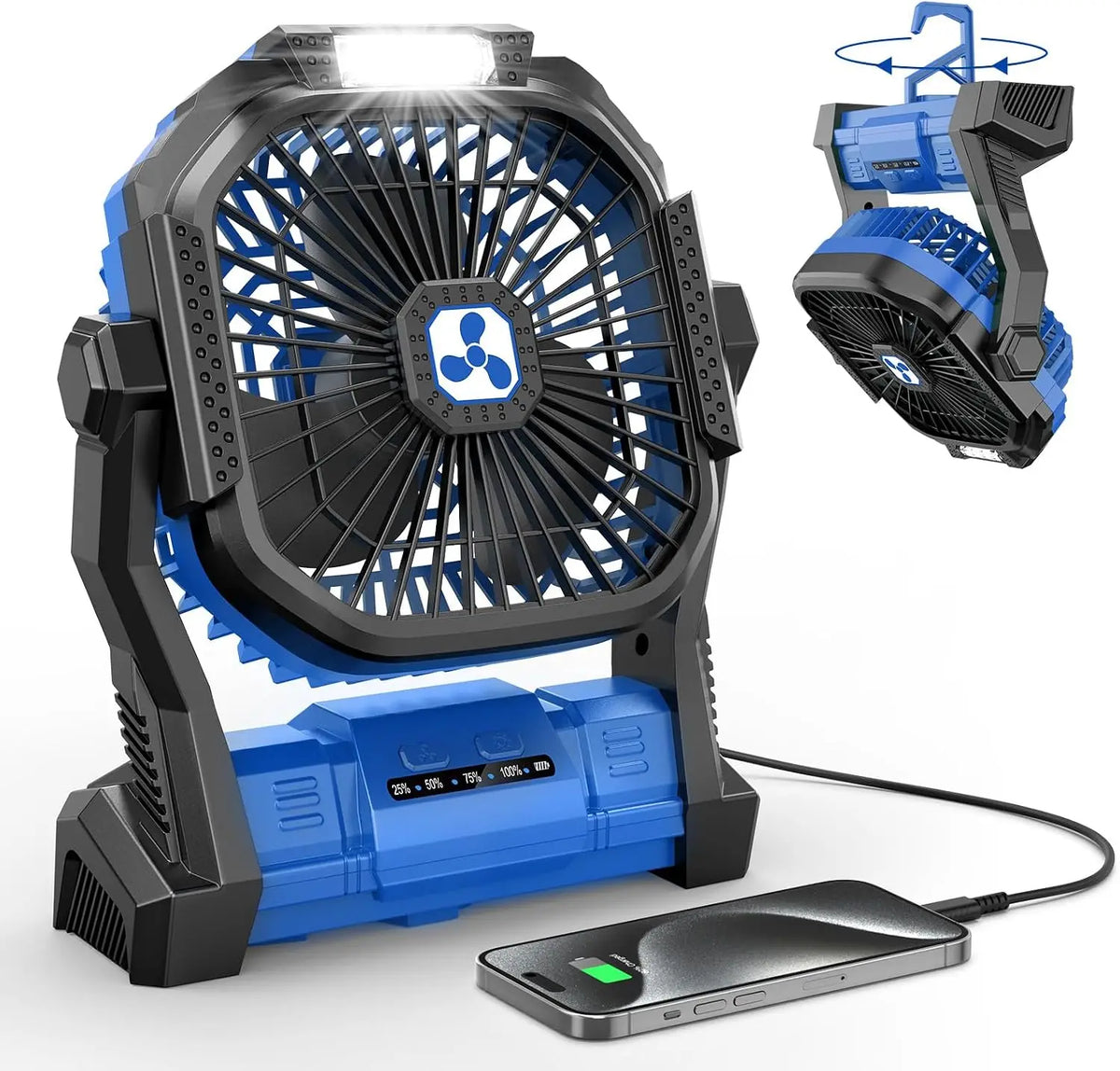 Portable Rechargeable Camping Fan with LED Light Brushless Motor 4 Speed USB Power Fan