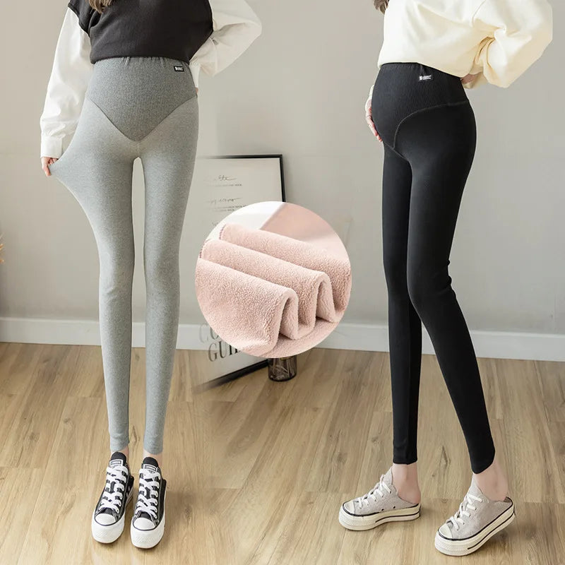 Autumn Winter Maternity Pants Fleece-Lined Breathable Thickened Outerwear Leggings Ribbed