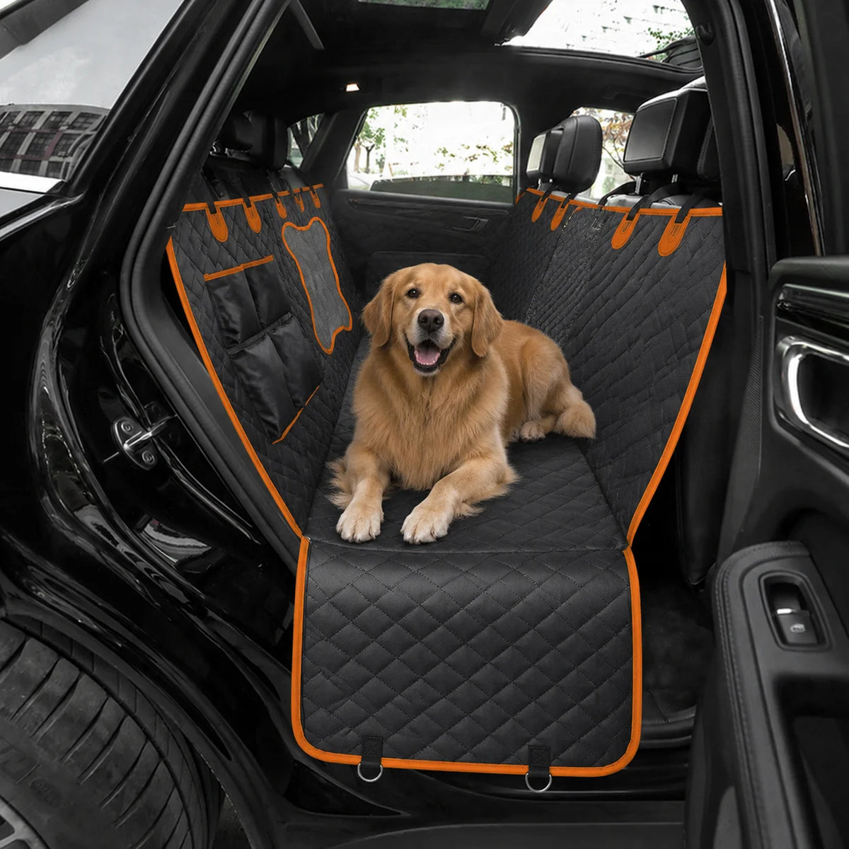 Diamond Quilted Dog Car Seat Cover Orange Piping Hammock with Bone Shape Mesh Window