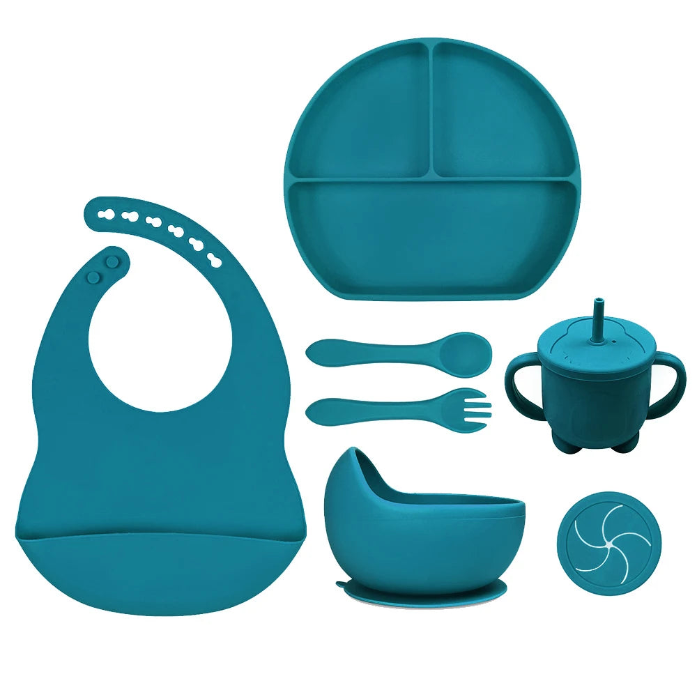 8pc Bebe Silicone Feeding Set Toddler Weaning Set Suction Bottom Infant Dining Tableware