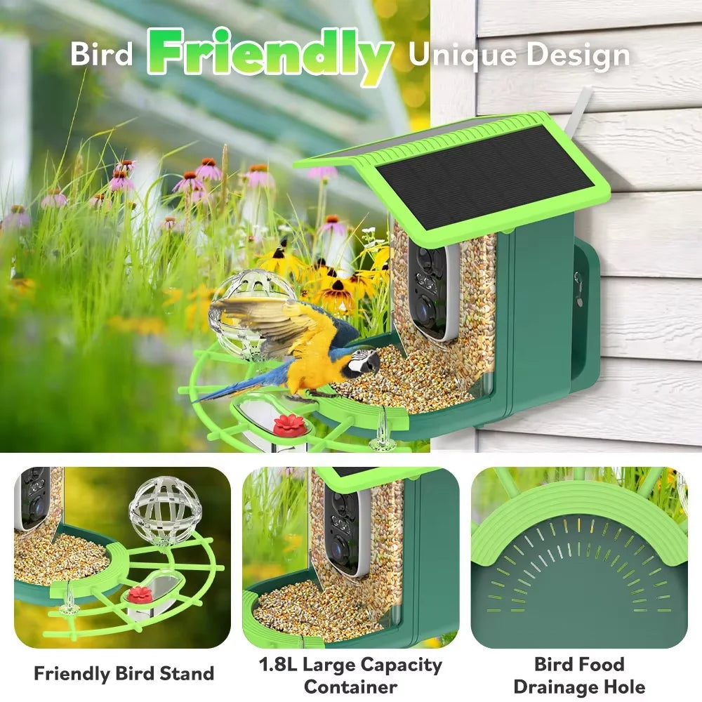 Solar Powered Smart Bird Feeder with HD WiFi Camera AI Bird Recognition Outdoor Automatic