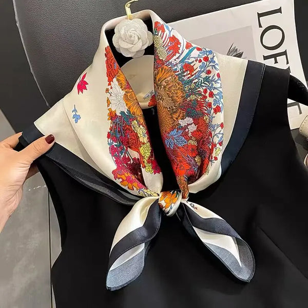 Floral Print Pure Mulberry Silk Square Scarf Women Soft Smooth Lightweight Contrast