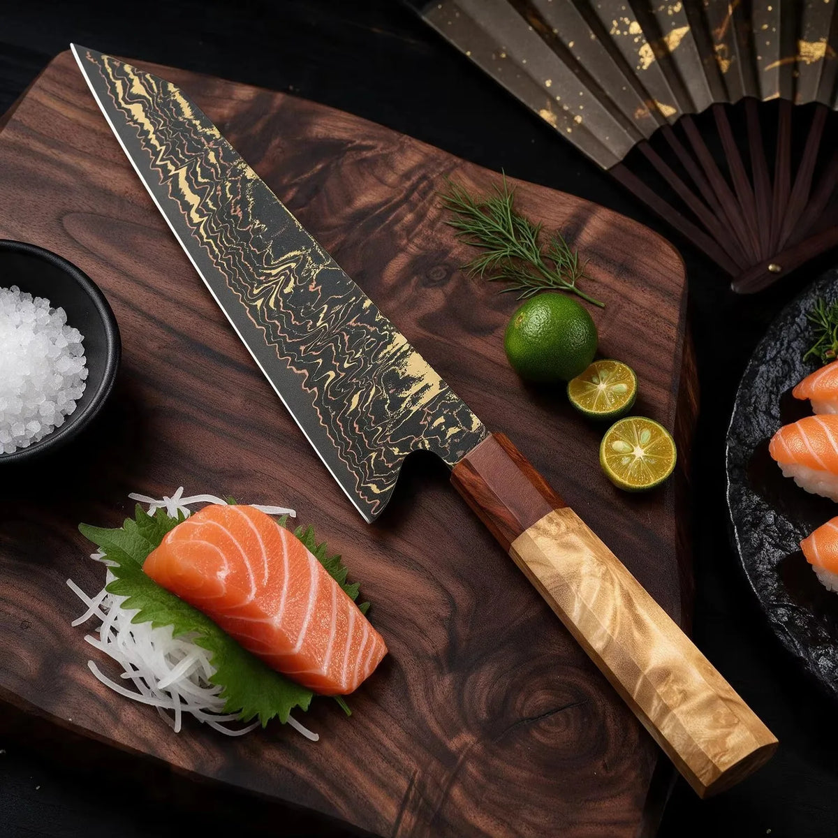 Handmade Japanese Kiritsuke Knife 8 Inch Copper Damascus Steel Kitchen Knife For Sushi