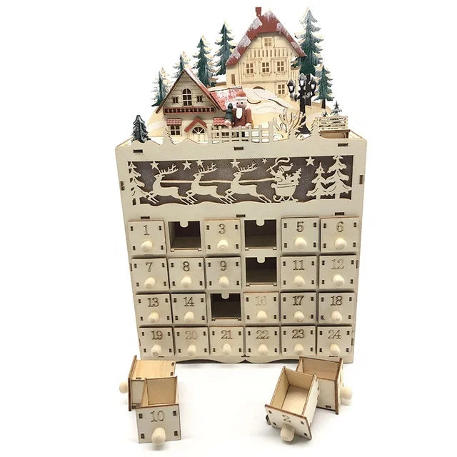 Creative Wooden Christmas Advent Calendar with 24 Opening Drawers and Led Light Family