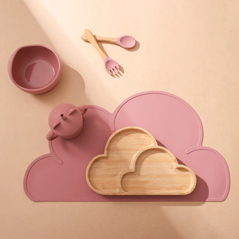 PGJ1201 Cartoon Design Silicone Baby Tableware Set Includes Plate Bowl Spoon Fork Sippy