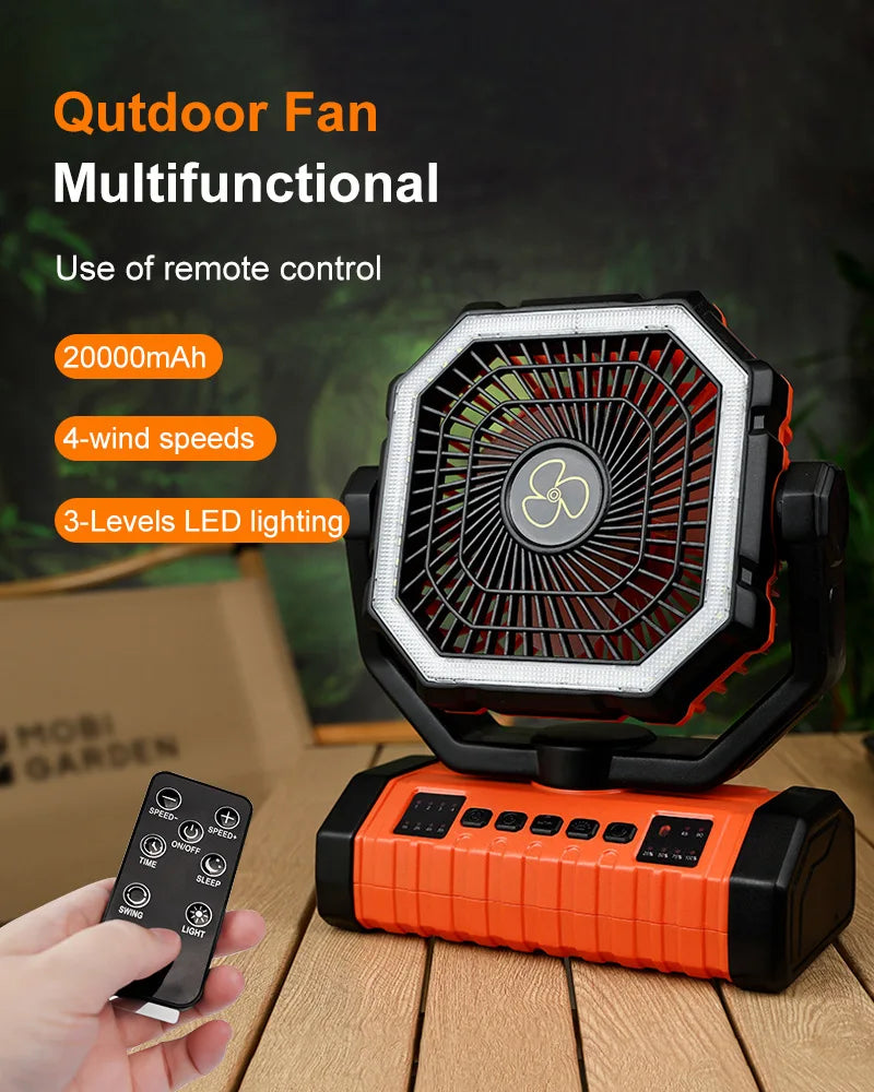 LED High-Airflow Camping Fan Remote Control Night Light USB Rechargeable Built-in Battery